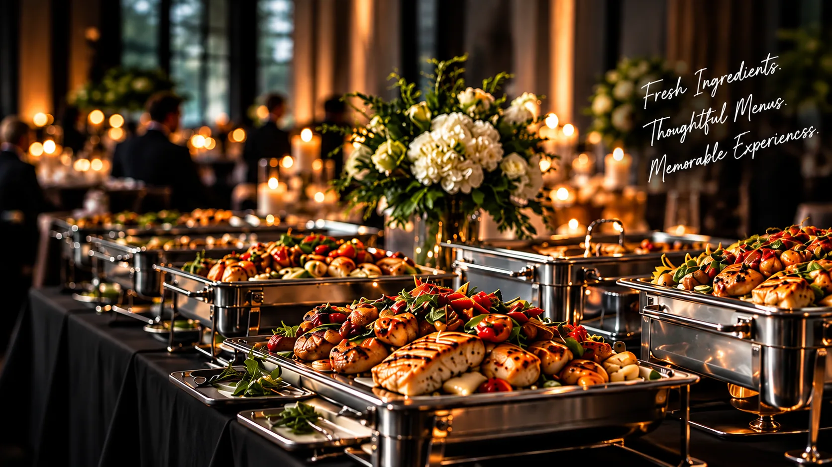 Chef-curated catering spread with candles and florals