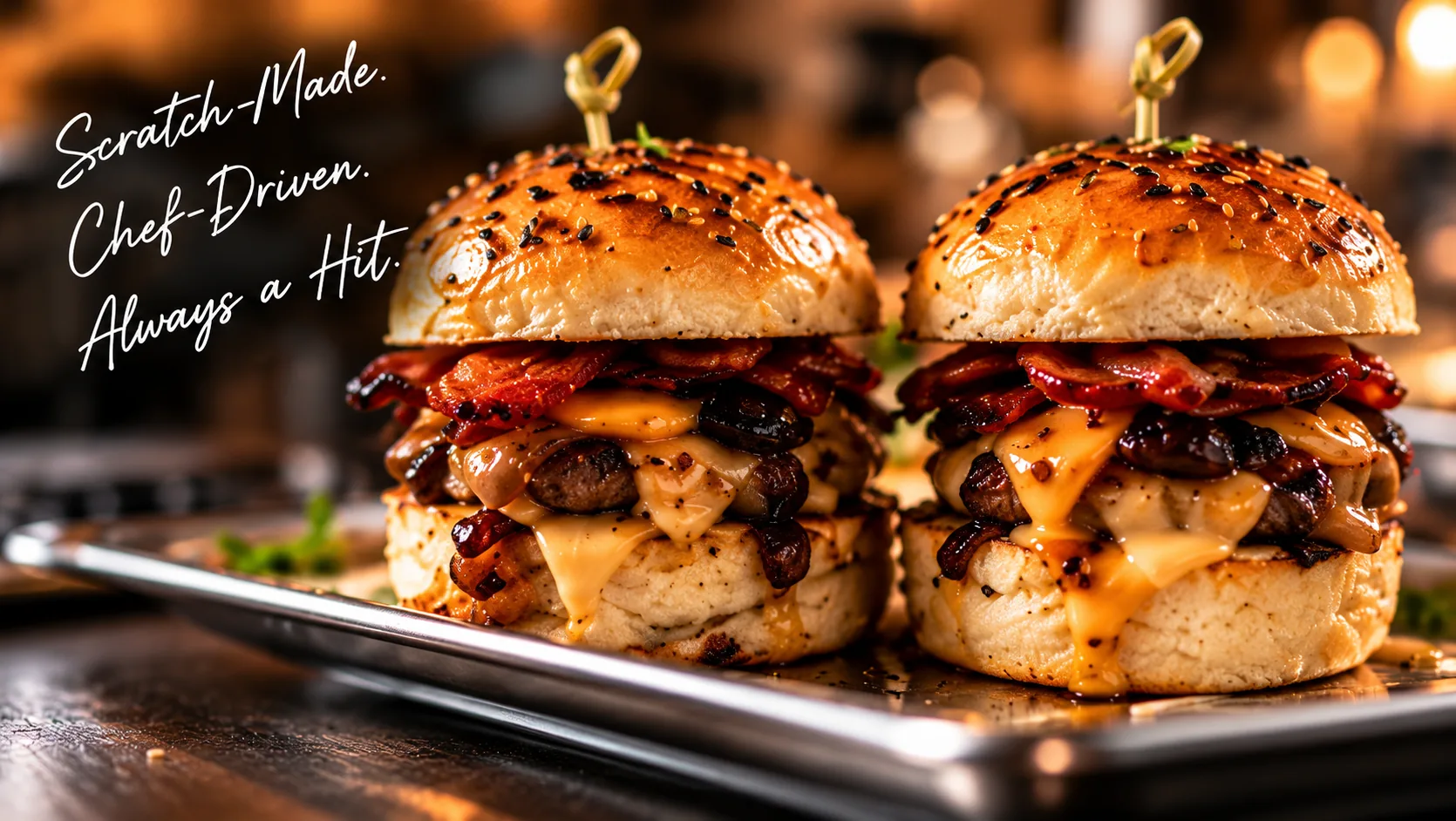 Two loaded sliders — Scratch-Made. Chef-Driven. Always a Hit.