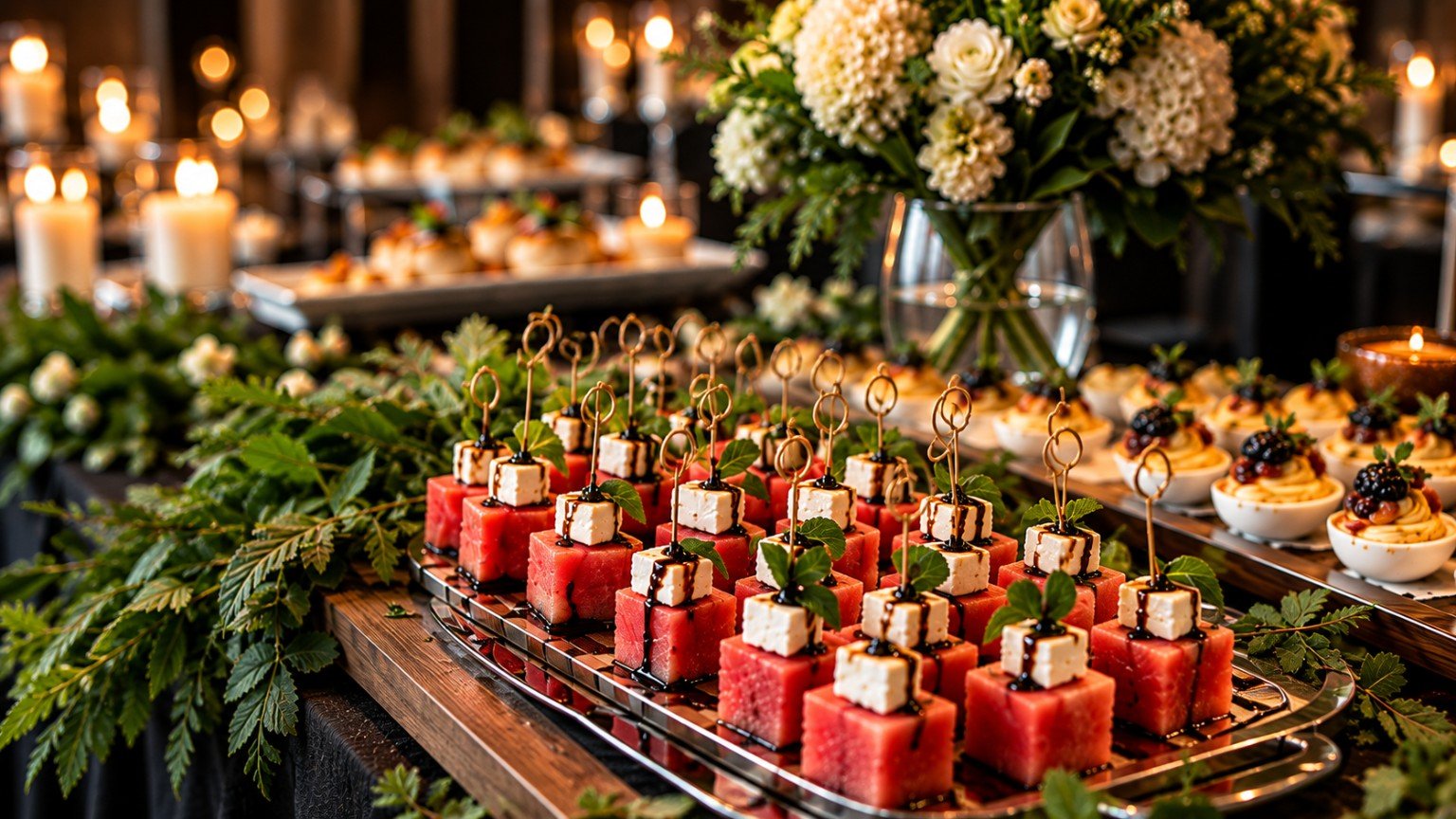 Watermelon and feta passed appetizers at a catered event